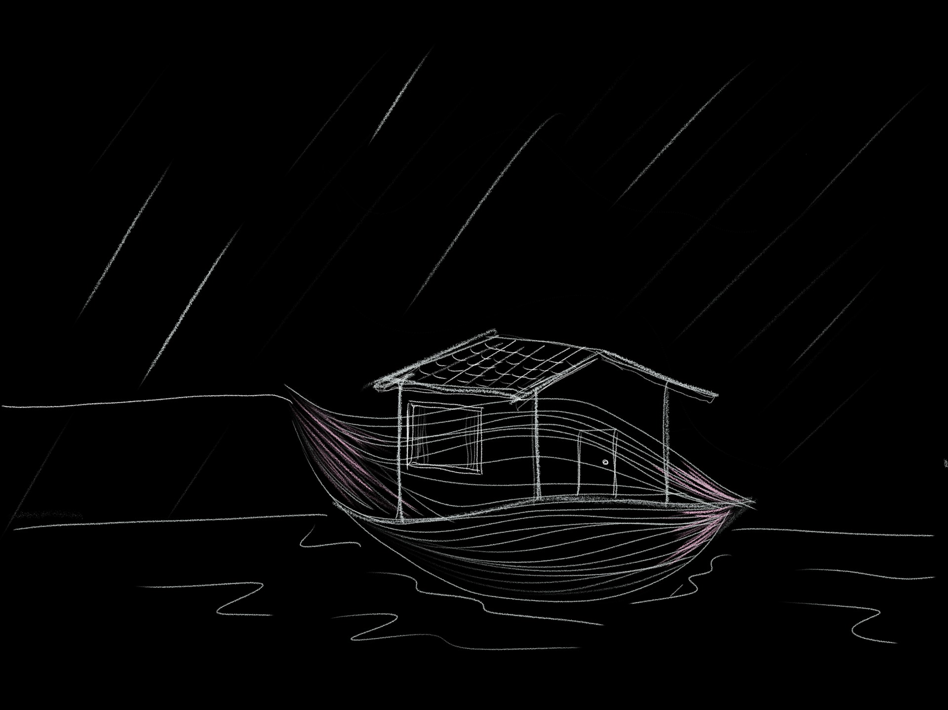 Early drawing of a roofed boat in the rain