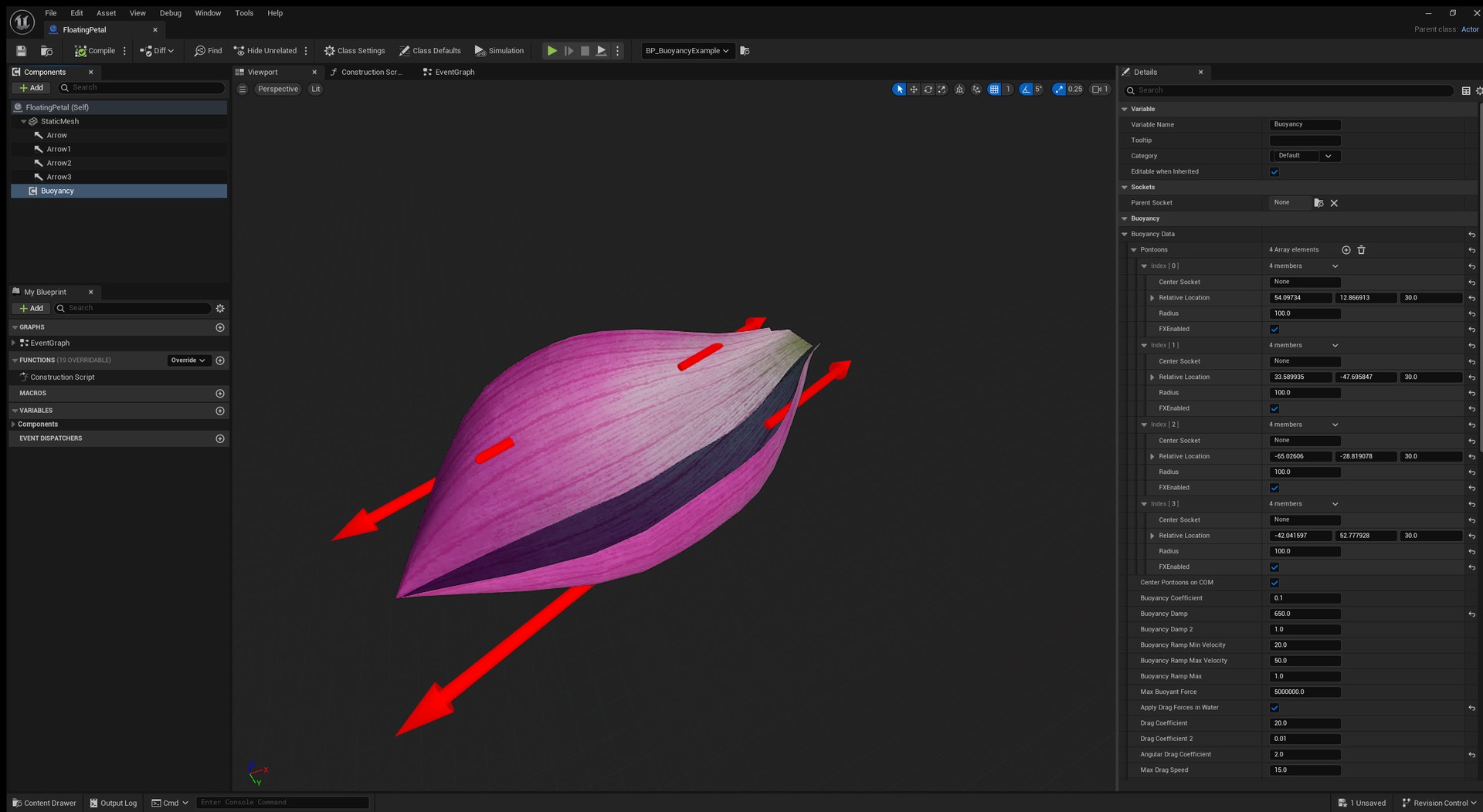 Unreal editor showing the floating petal and its four buoyancy points