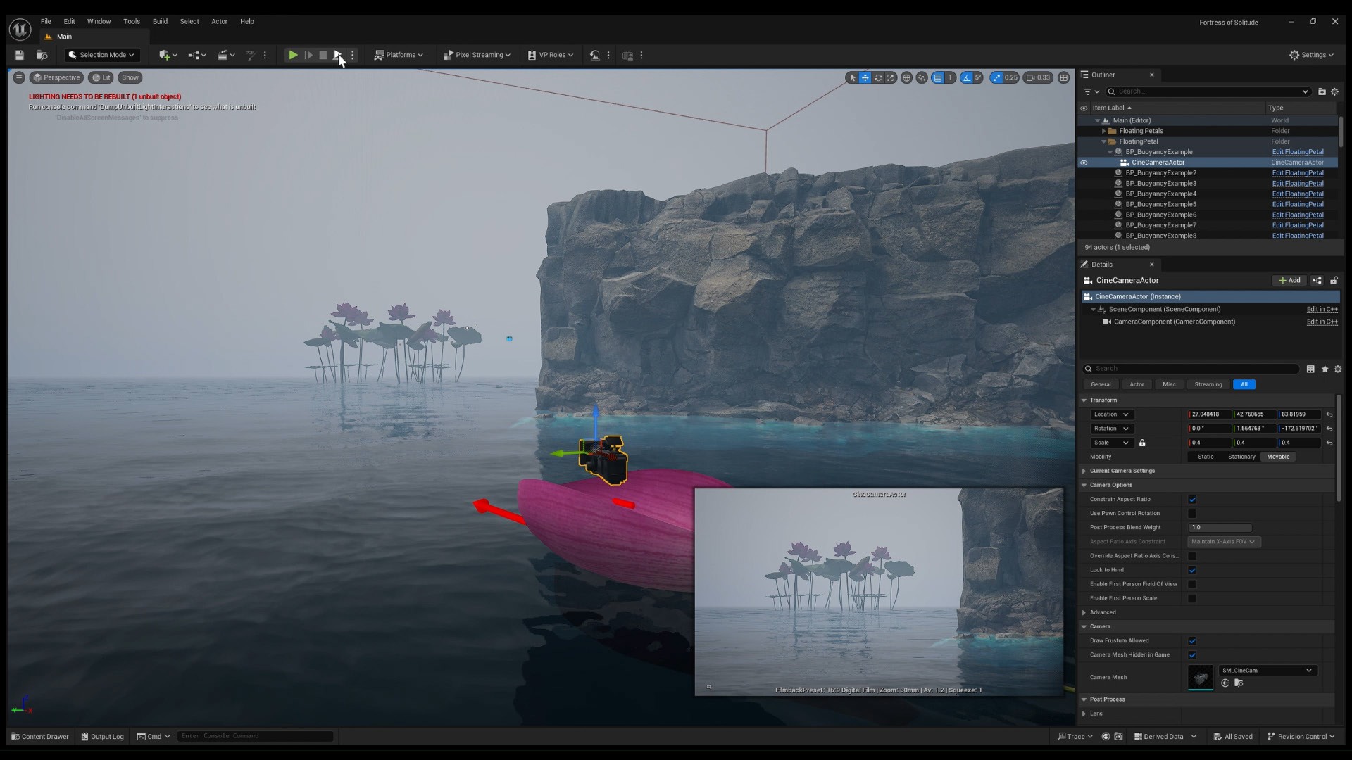 Unreal camera setup and preview above a petal on the water