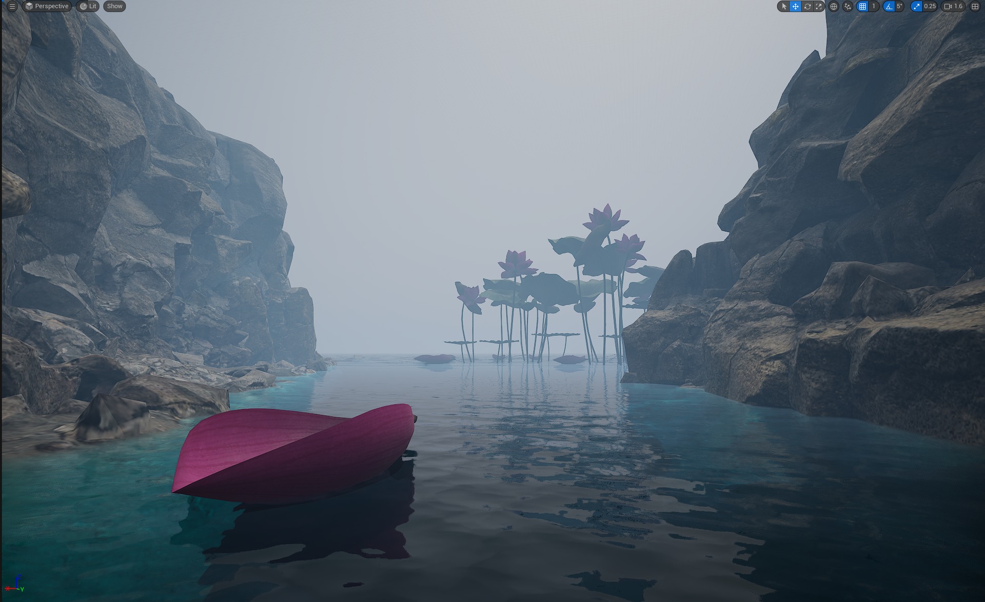Early Unreal scene with realistic canyon rocks and a petal on the water