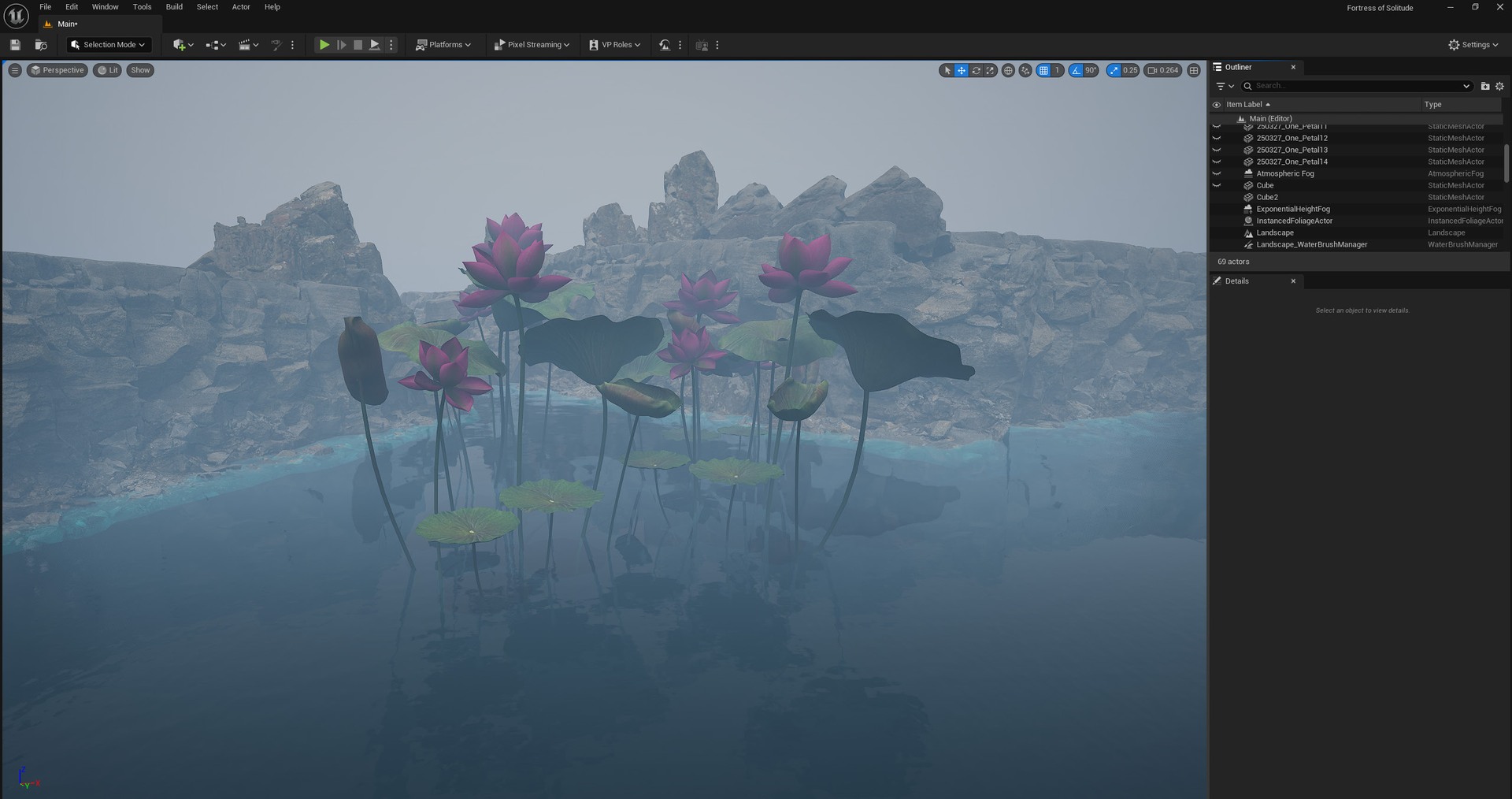 The lotus scene after adding fog, with distant mountains receding