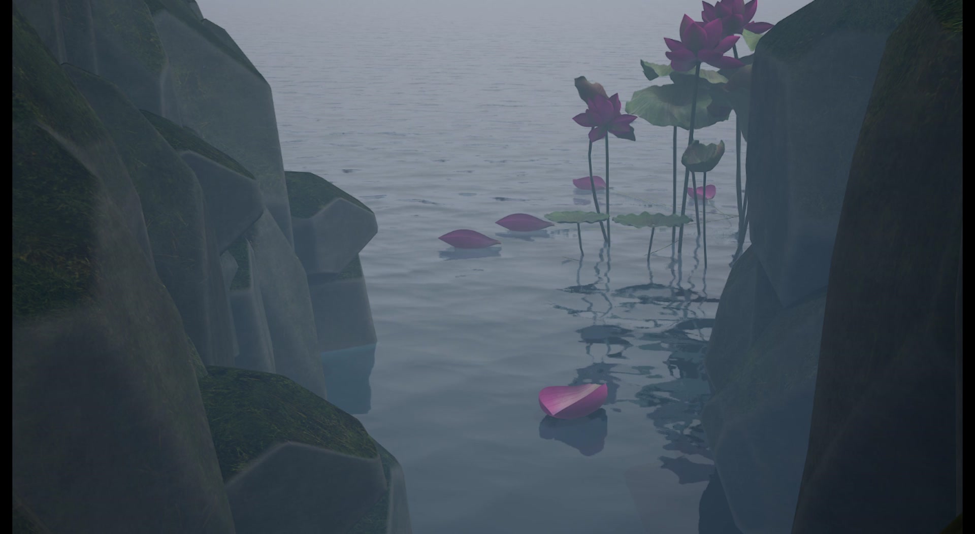 Final film frame showing faceted mossy rock walls framing the lotus canopy