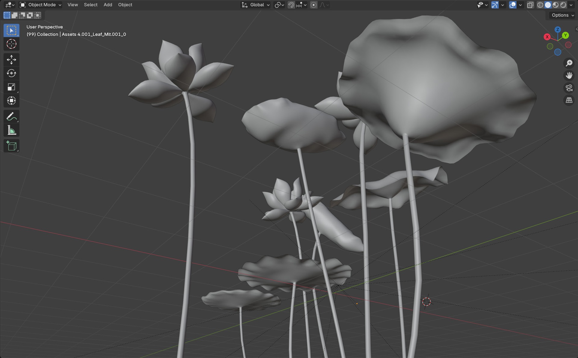 Blender models of lotus flowers, leaves and tall stems