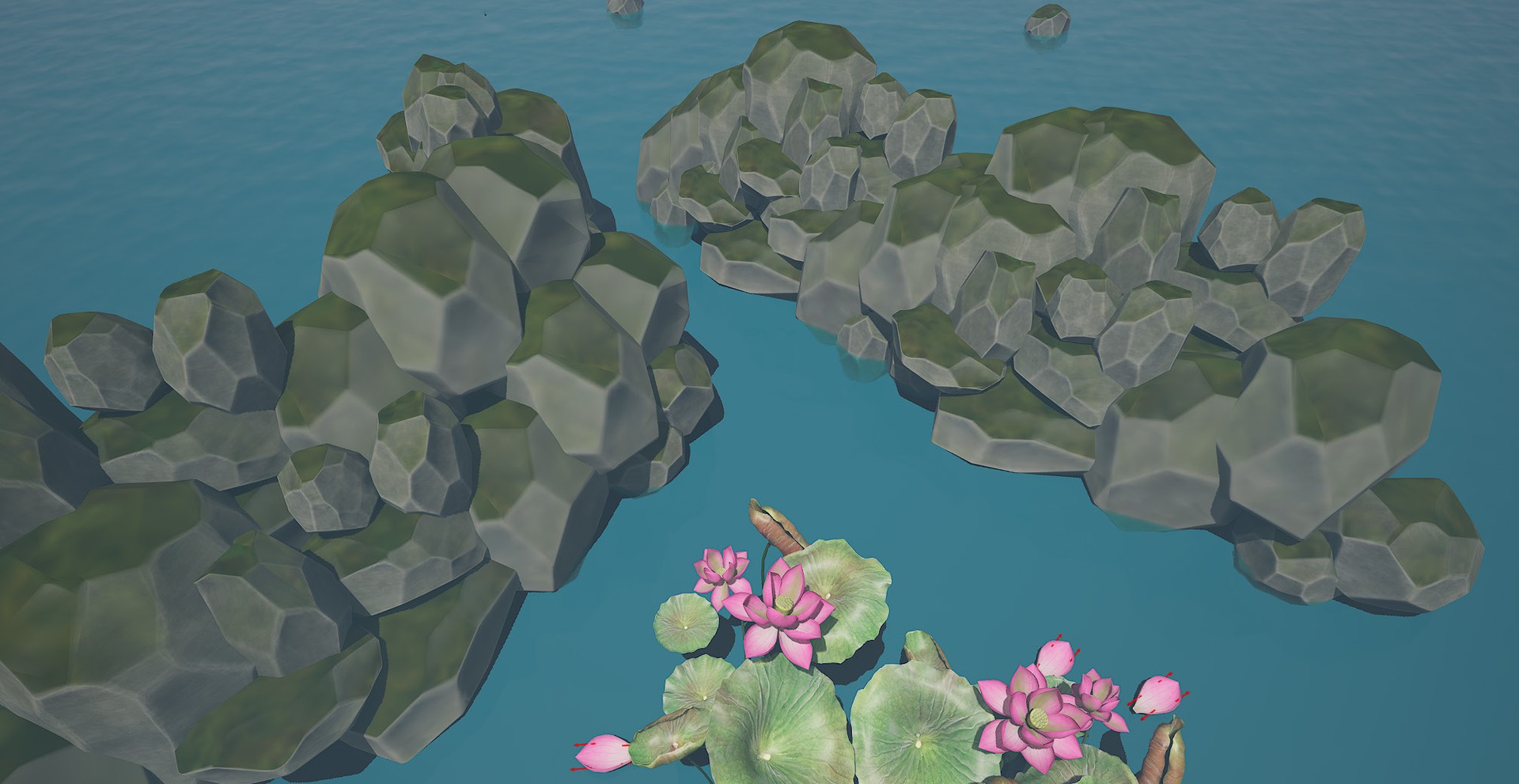 Top view of faceted rock formations and lotus clusters