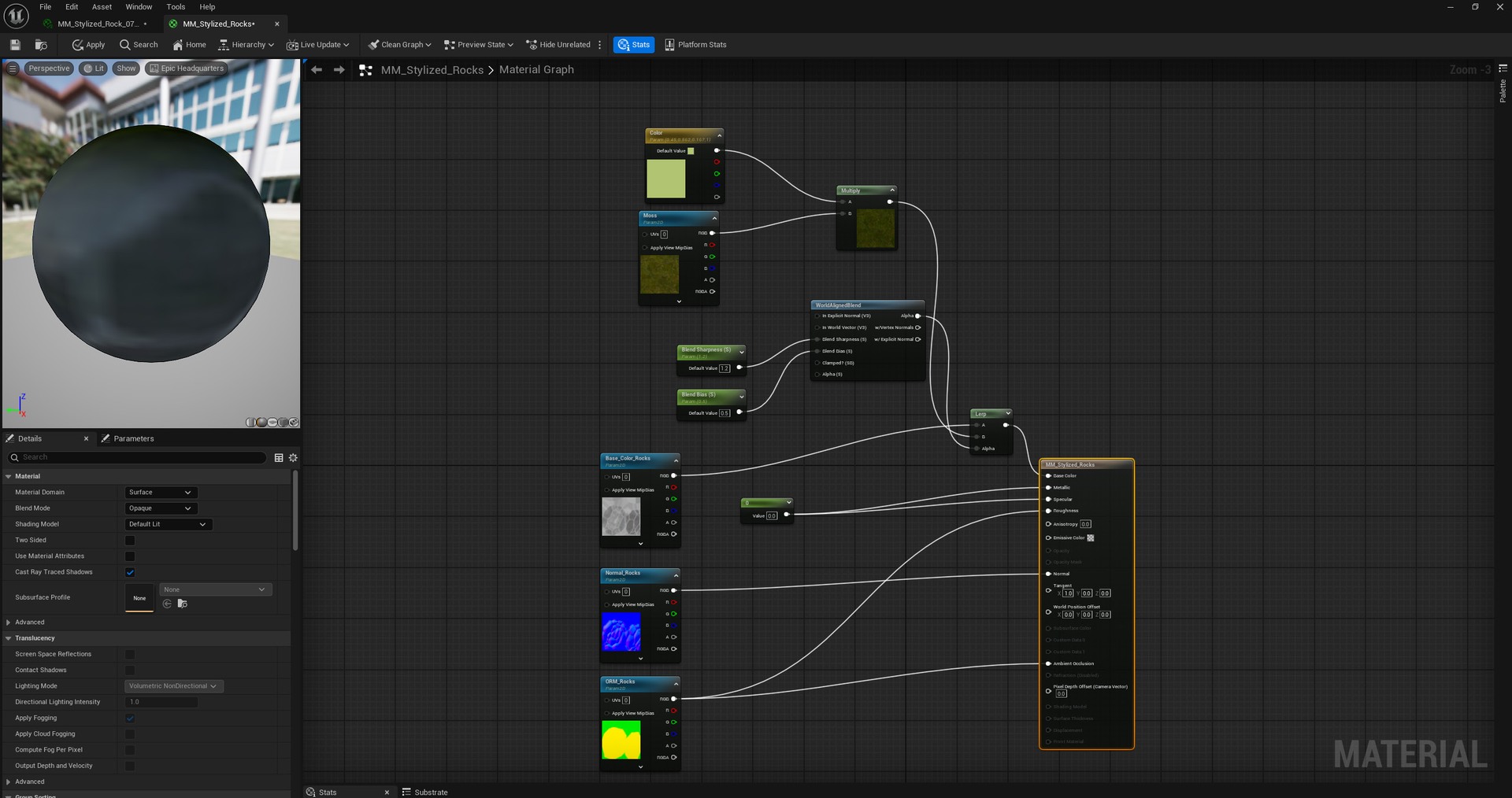 Unreal material graph used for the moss-covered rocks