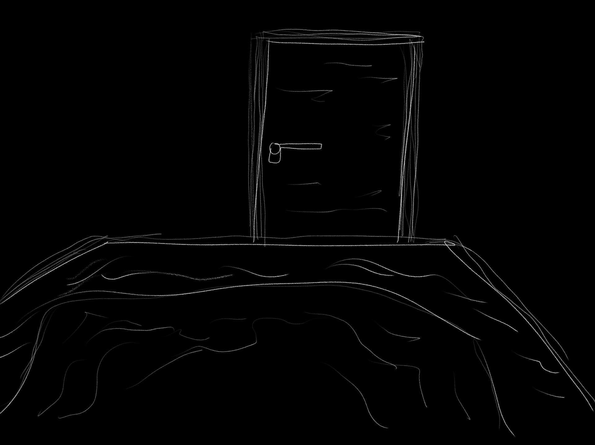 Early drawing of a view from bed toward a door