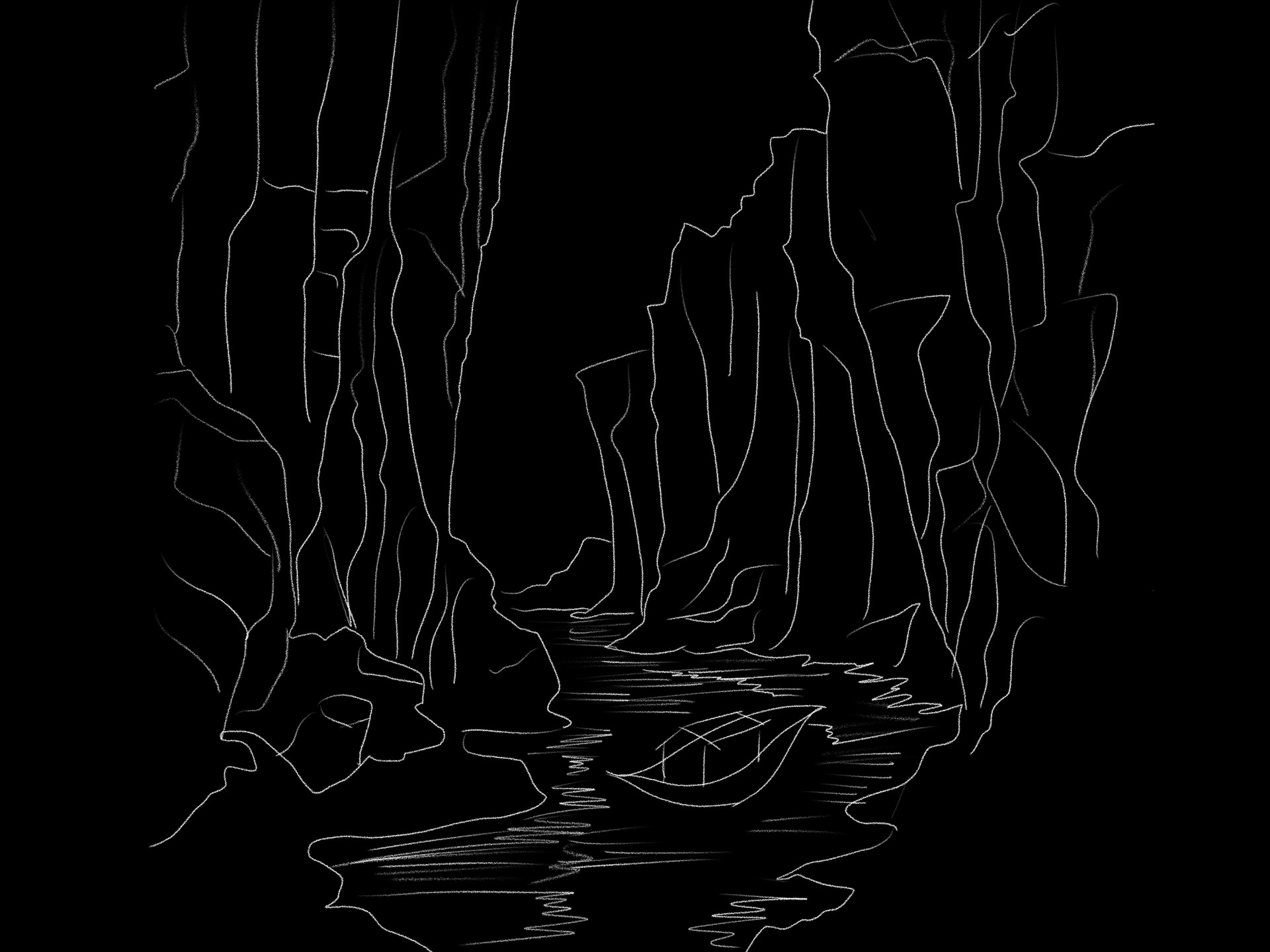 Early drawing of a boat passing between tall enclosing cliffs