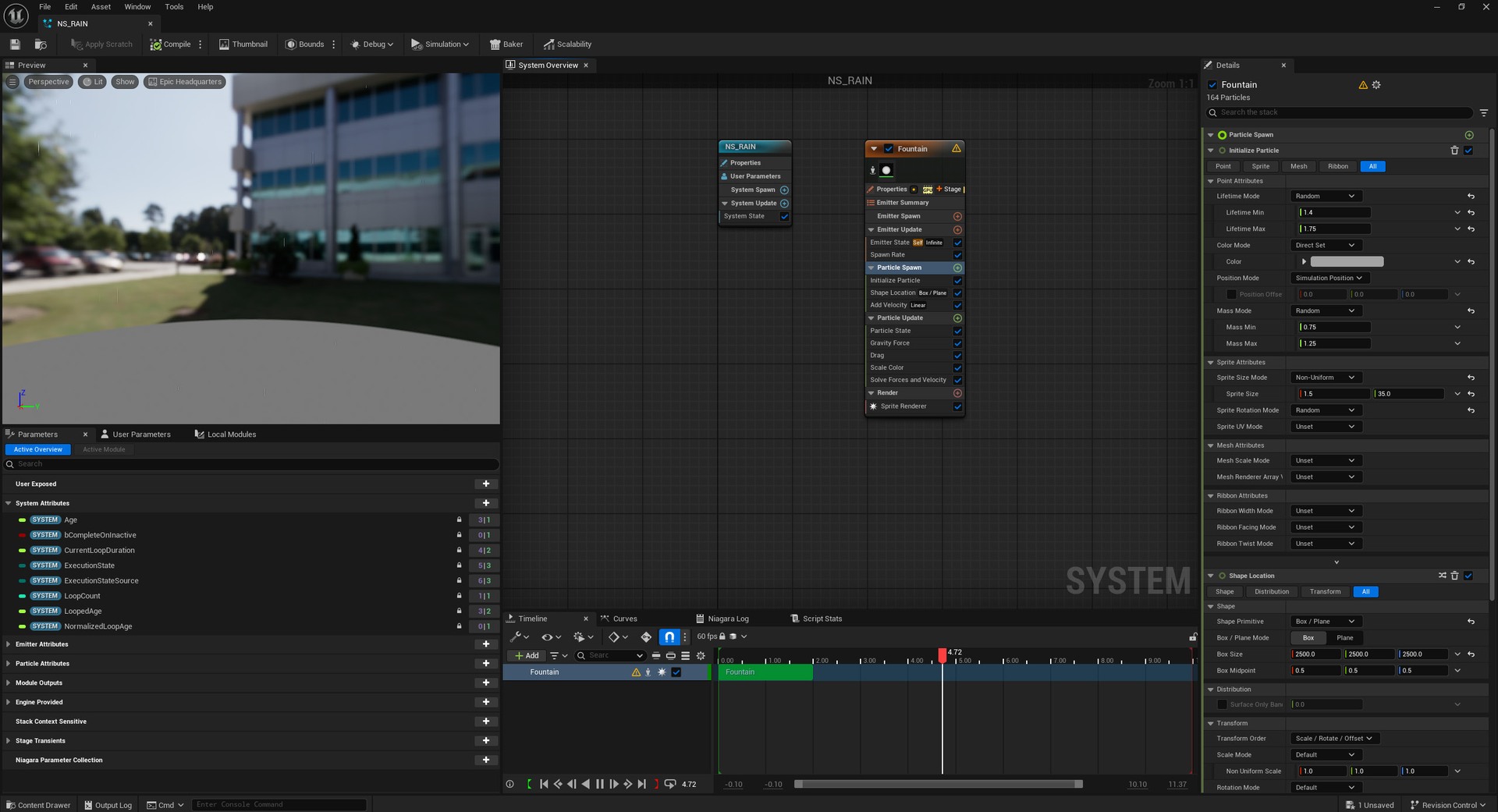 Unreal editor showing the rain particle system