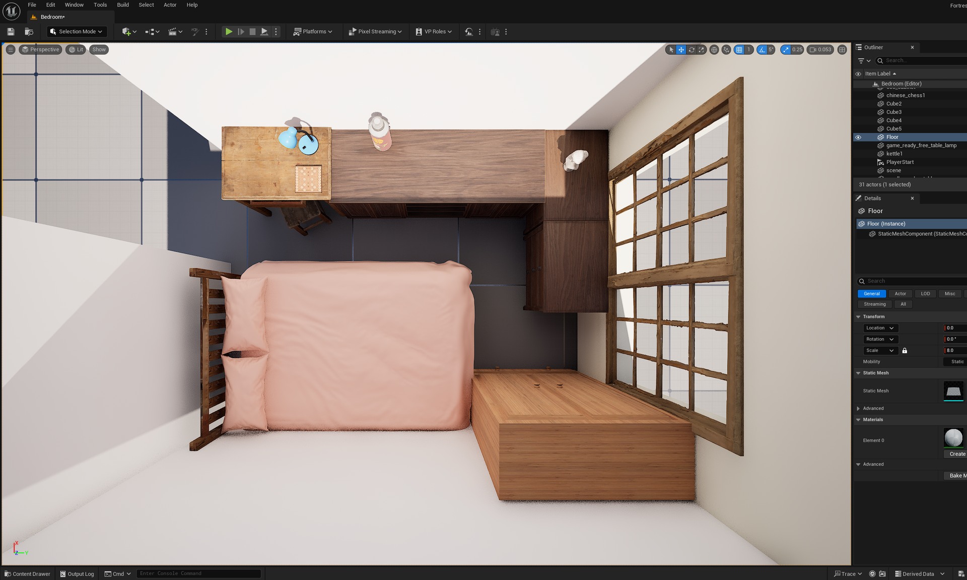 Early bedroom model with bed, storage and a large window