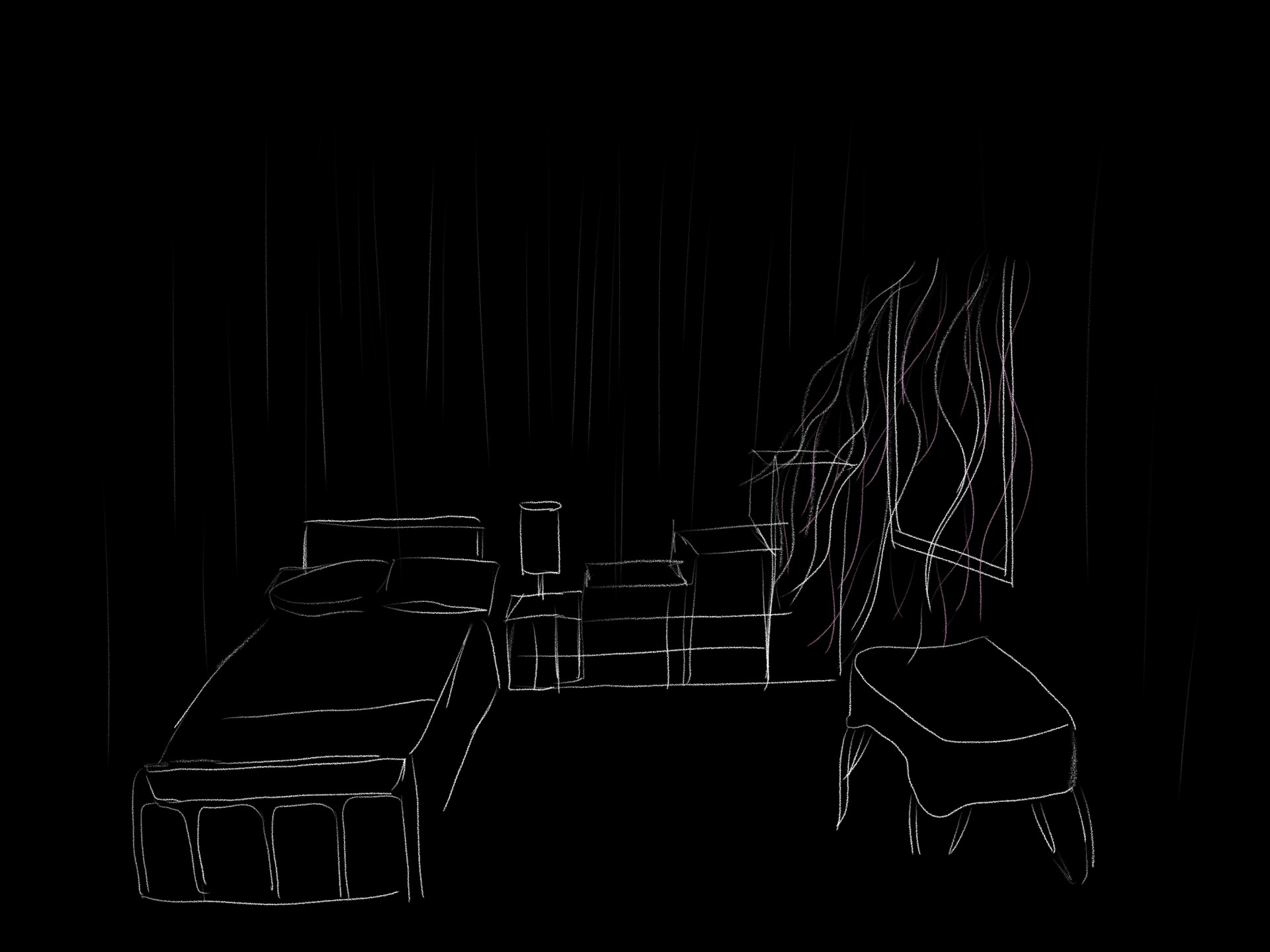 Early drawing of the bedroom, furniture and window