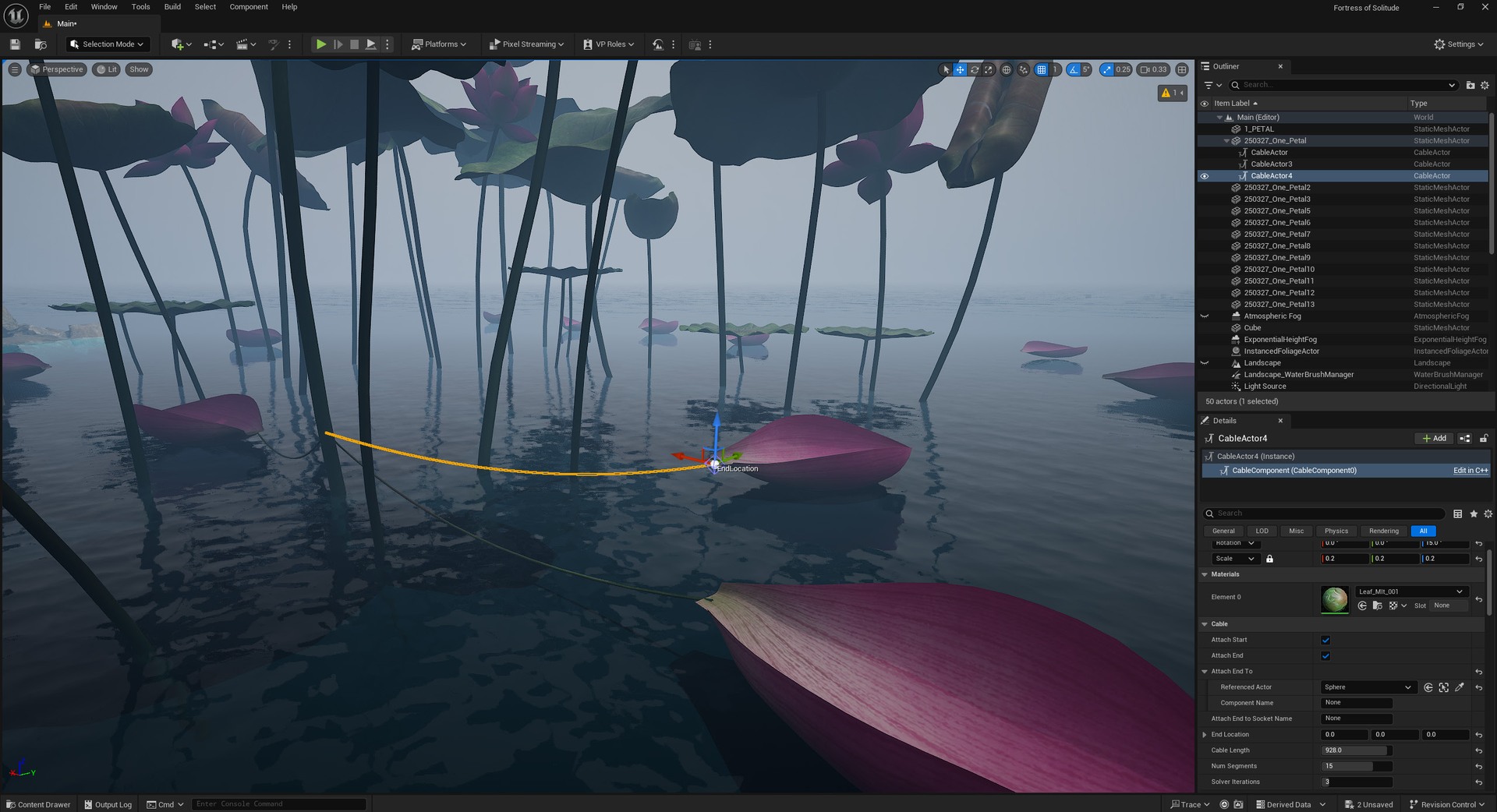 A rope connecting a floating petal to the lotus environment