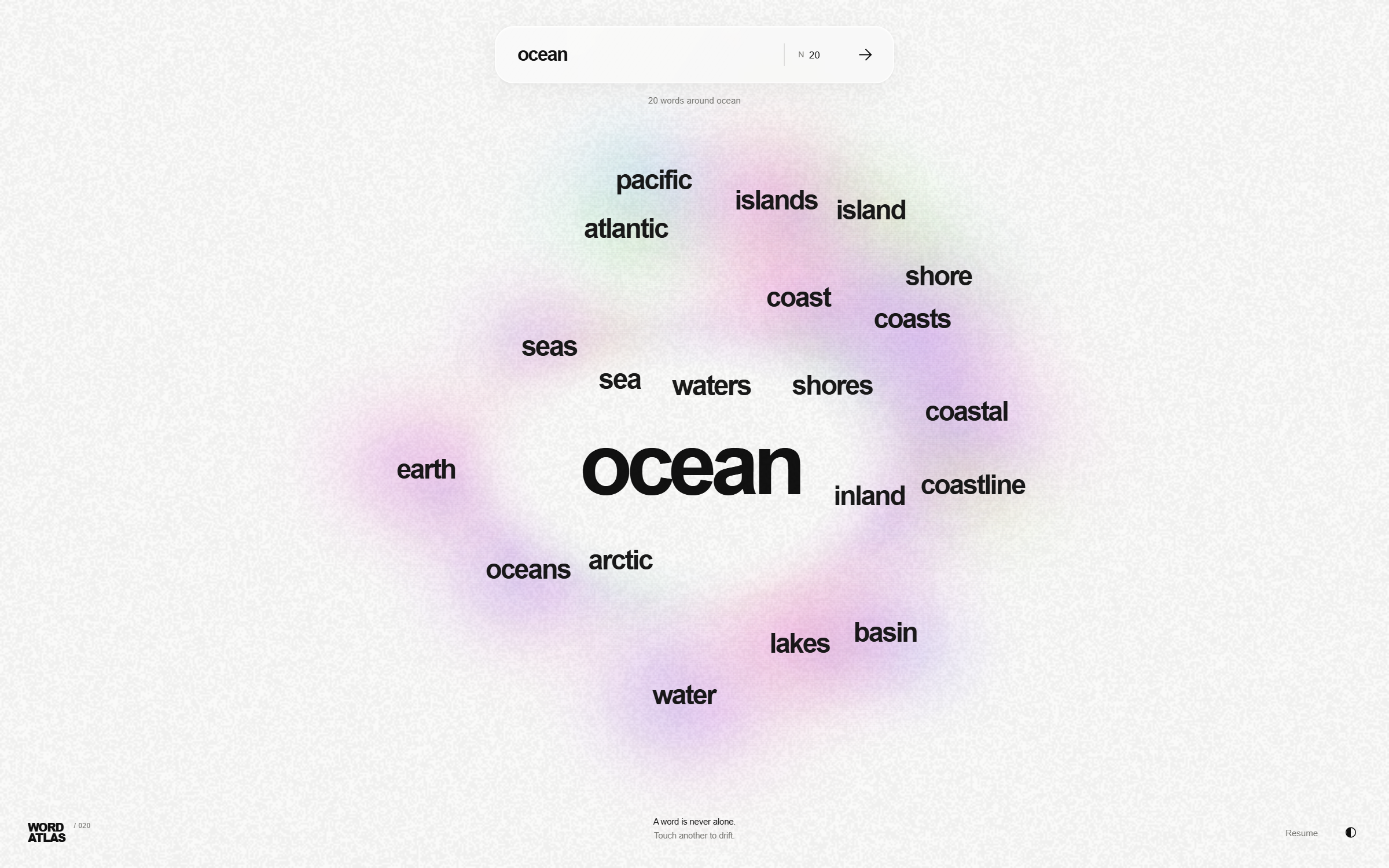 Archived WORD ATLAS prototype on a white canvas with ocean already entered