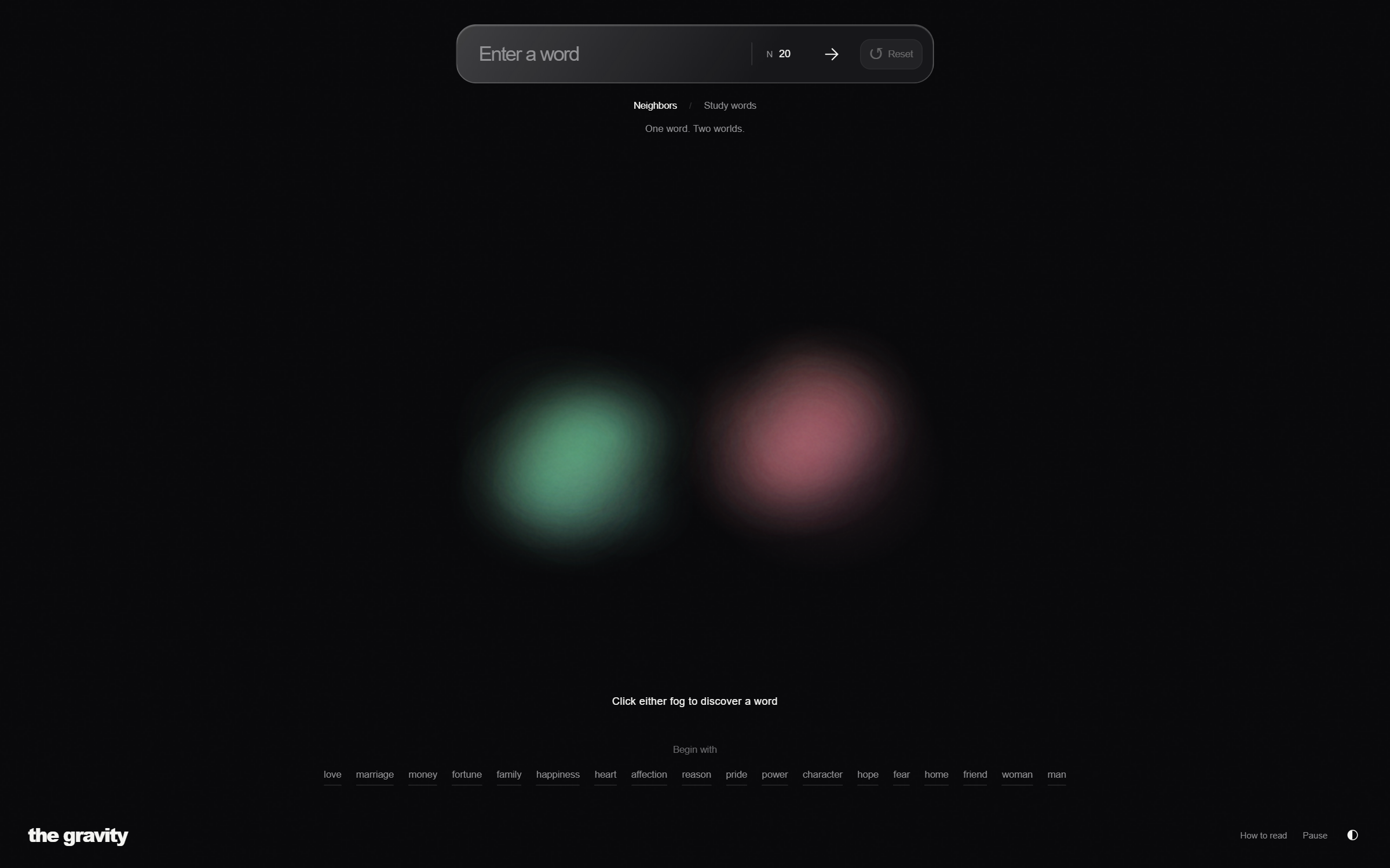 The revised Gravity landing screen with two distinct clouds, a visible search bar and study-word prompts