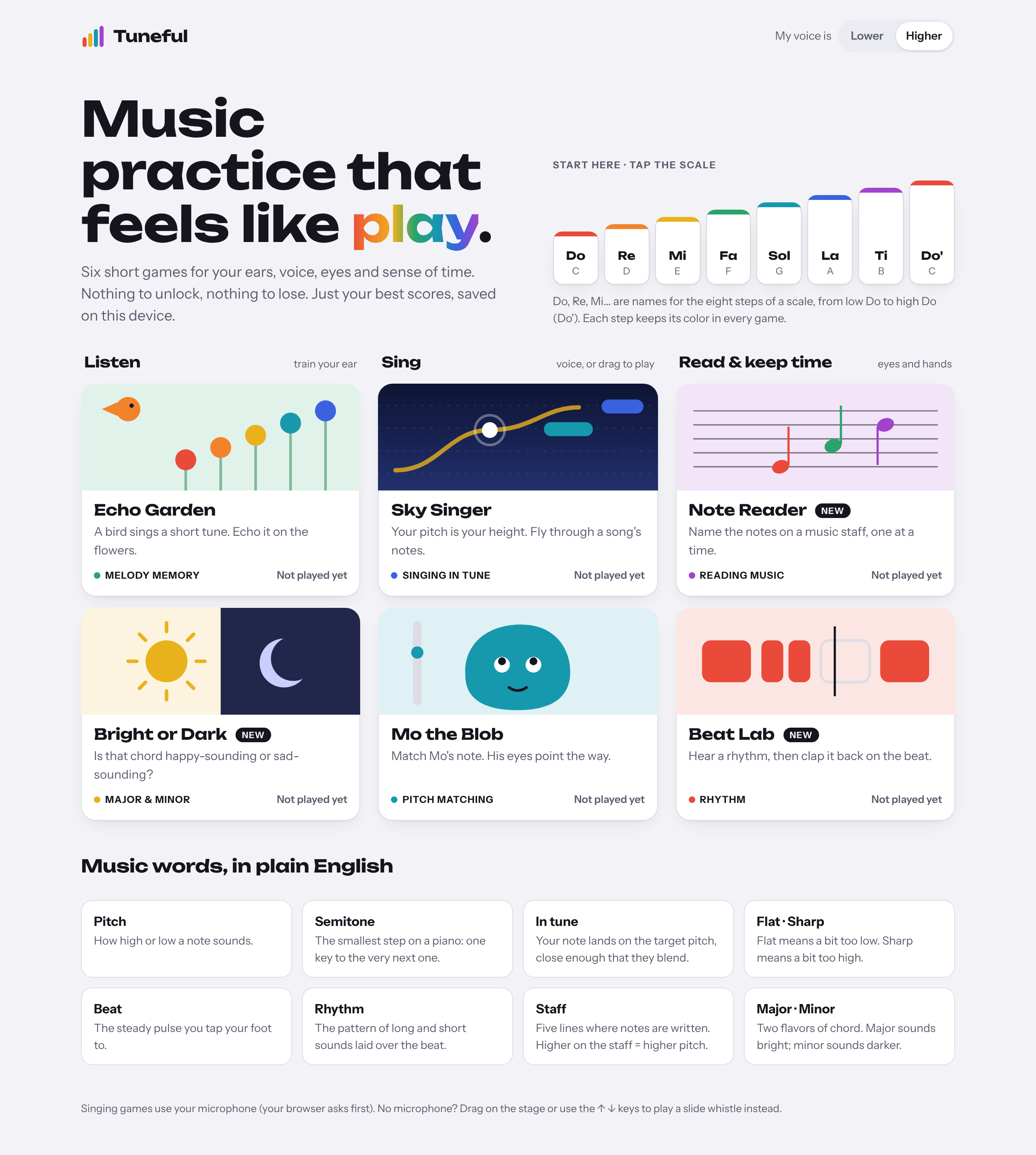 Tuneful in a desktop browser: music practice games for listening, singing and reading.