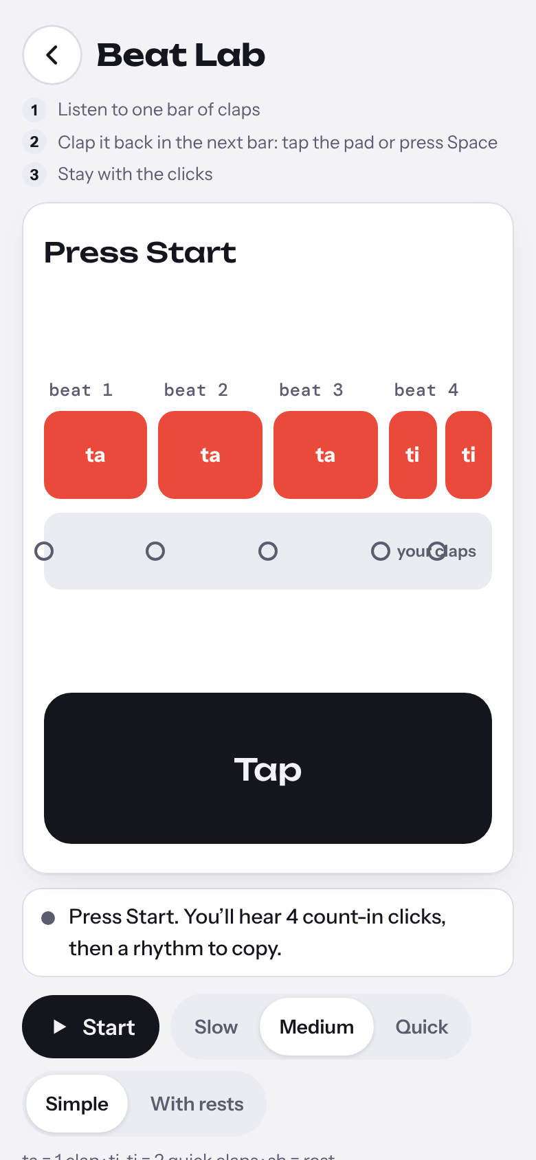 Beat Lab: a four-beat rhythm and a large tap pad.