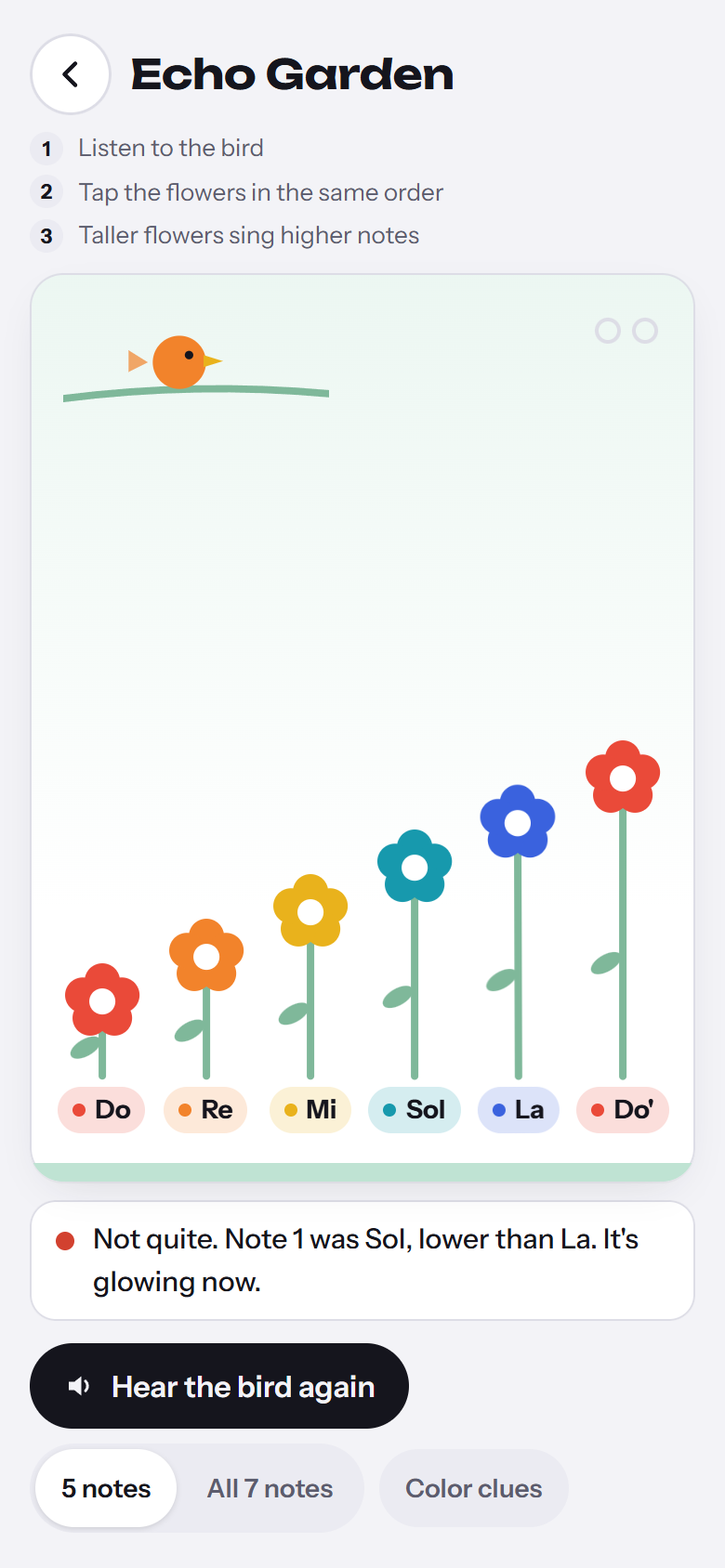 Echo Garden explains that the correct note was Sol, lower than the selected La.