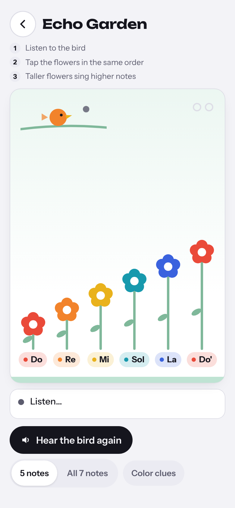 Echo Garden on a phone: repeat a melody by tapping colourful flowers.