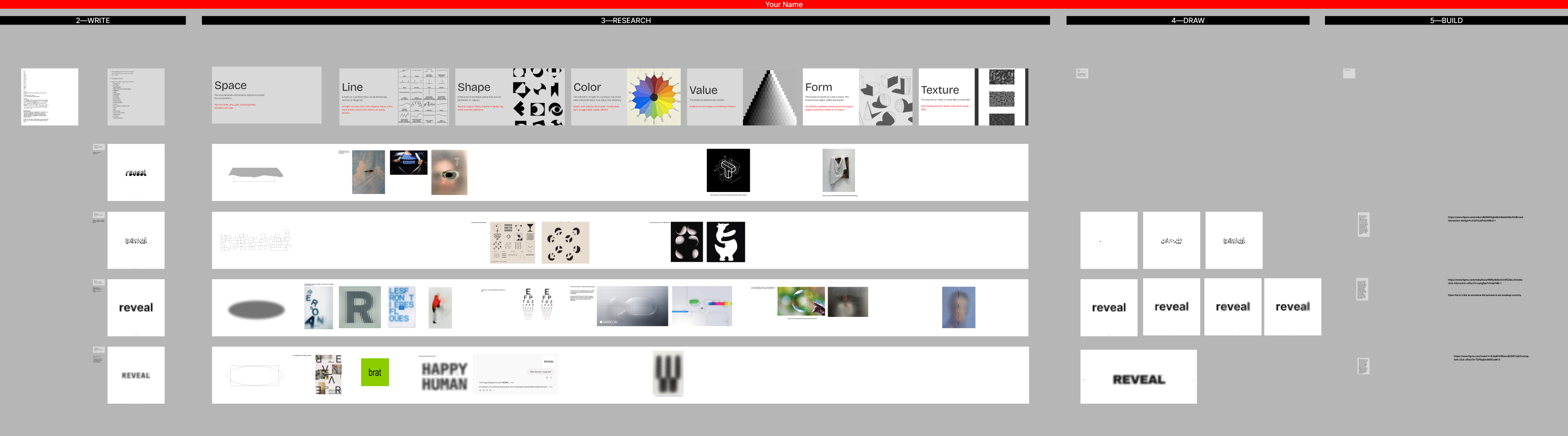Reveal progress board: word research, four interpretations, visual references and interaction sketches