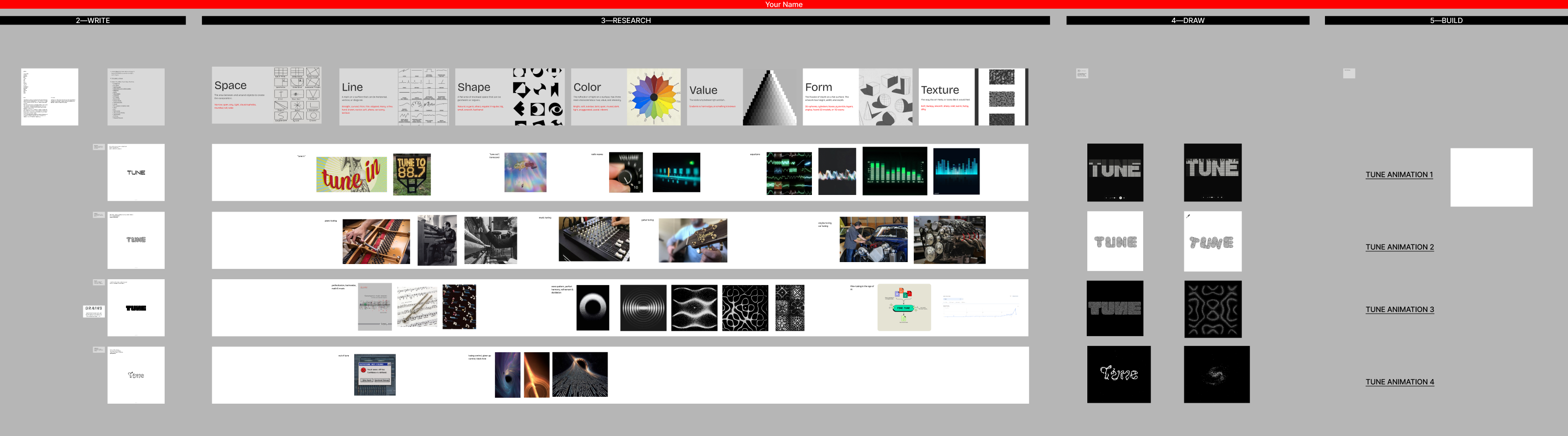 Tune progress board: word research, four interpretations, visual references and interaction sketches