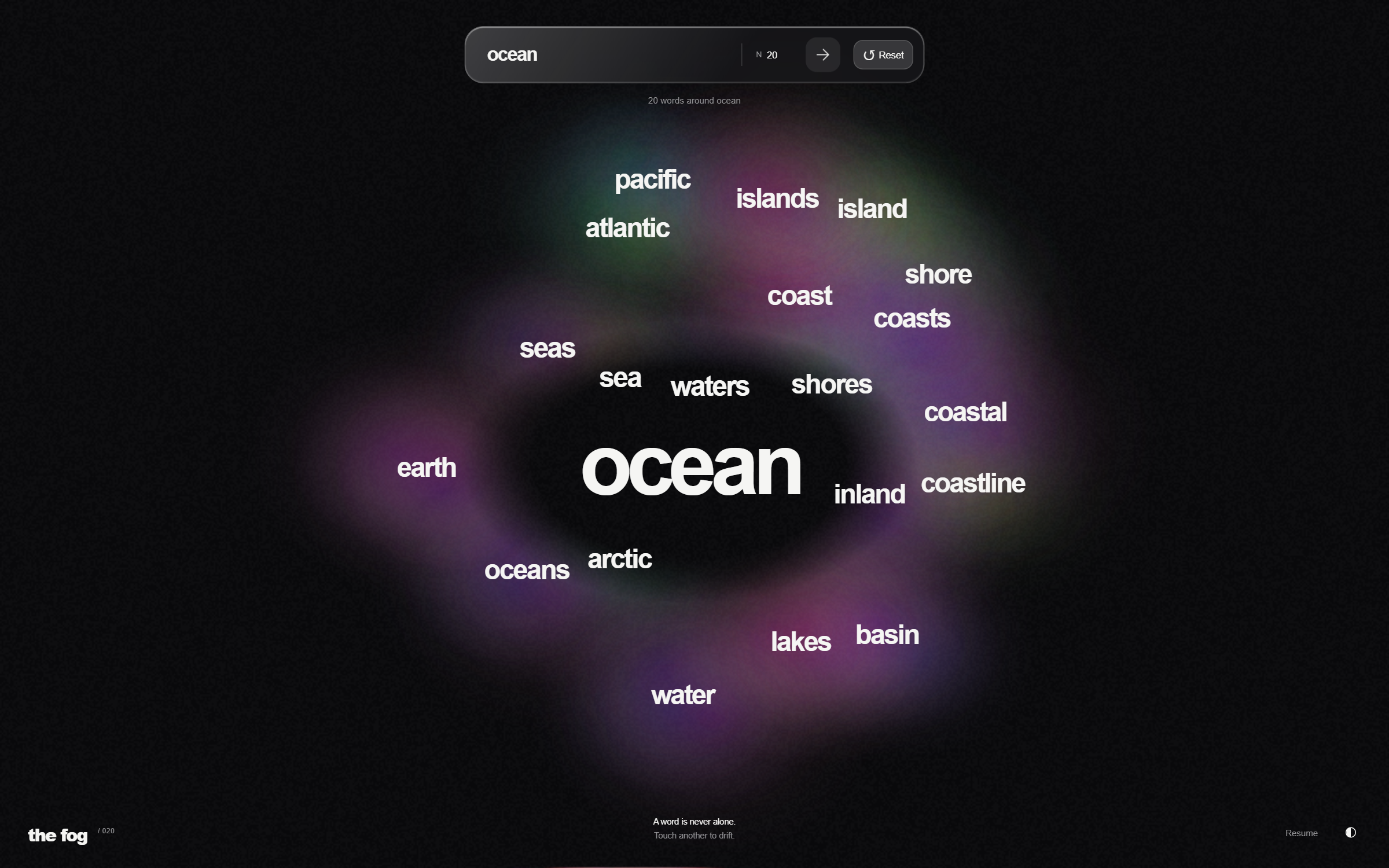 The Fog showing ocean and twenty neighbouring words